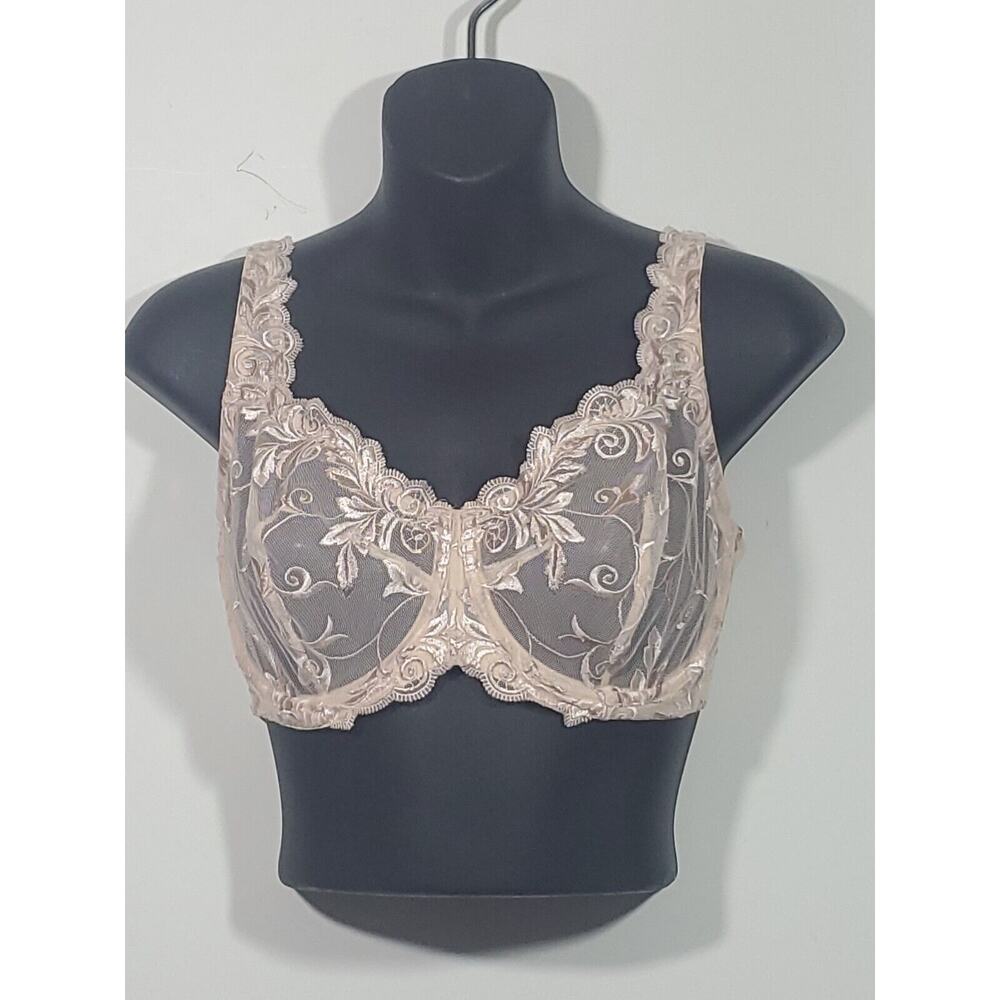Soma 32DDD Beige Underwire Sheer Lacy Floral Wide Comfort Adjustable Strap Bra0